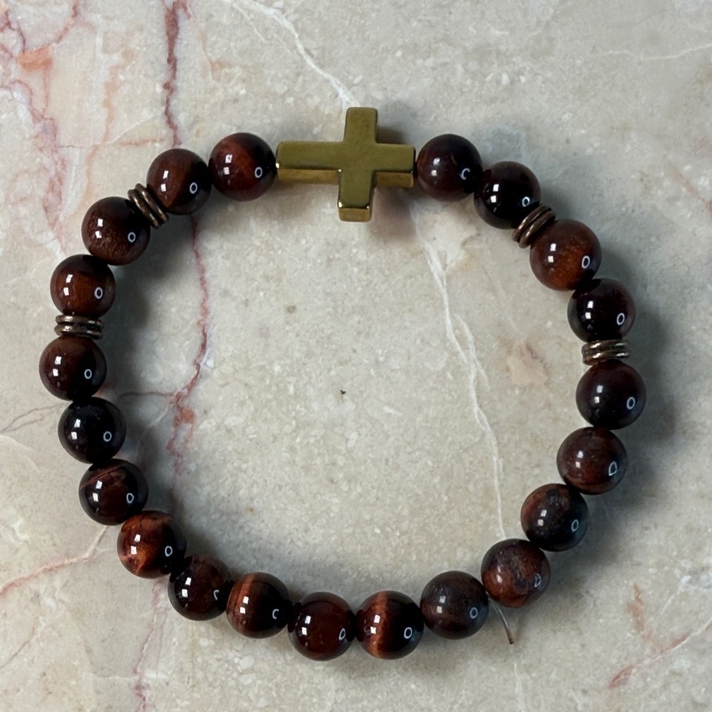Brown Stone Beaded Bracelet with Gold Cross